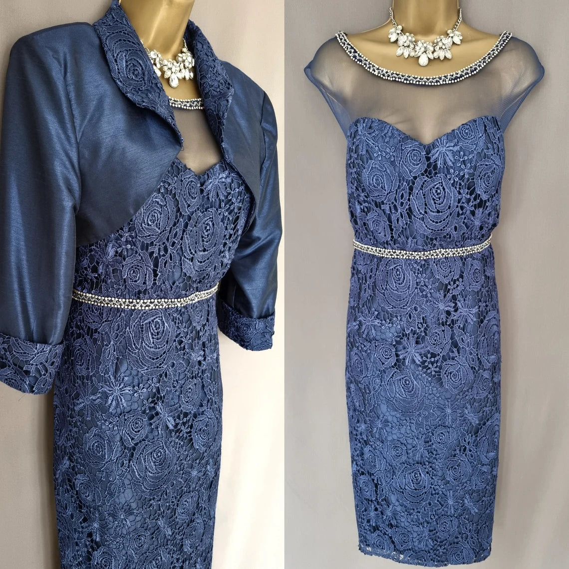 Dark-Navy Two Piece Sheath Lace Illusion Neckline Mother of the Bride Dresse