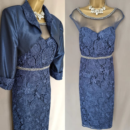 Dark-Navy Two Piece Sheath Lace Illusion Neckline Mother of the Bride Dresse