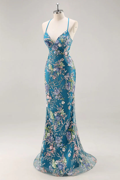 Sparkly Peacock Floral Beaded Mermaid Long Prom Dress with Sequins