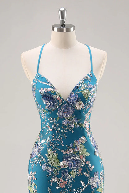 Sparkly Peacock Floral Beaded Mermaid Long Prom Dress with Sequins