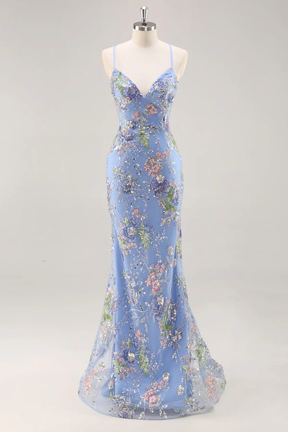 Sparkly Peacock Floral Beaded Mermaid Long Prom Dress with Sequins