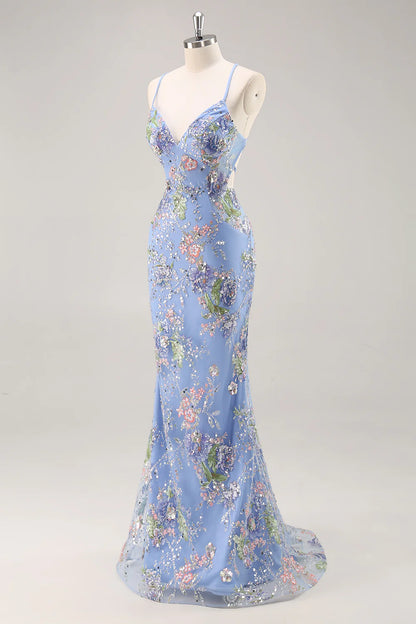 Sparkly Peacock Floral Beaded Mermaid Long Prom Dress with Sequins