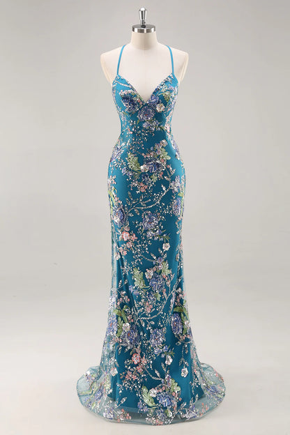 Sparkly Peacock Floral Beaded Mermaid Long Prom Dress with Sequins