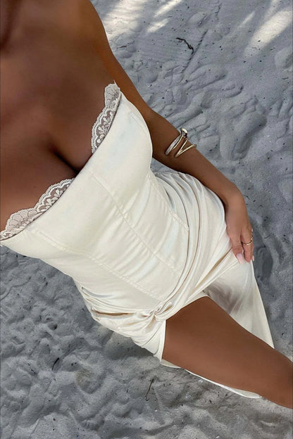 Sexy Strapless Satin Kink Detail Slit Prom Dress