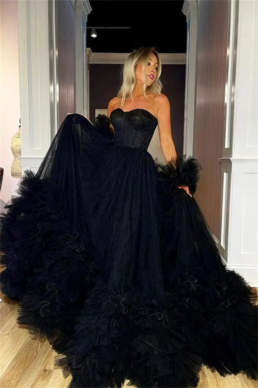 Strapless Black Backless Layered Prom Dress