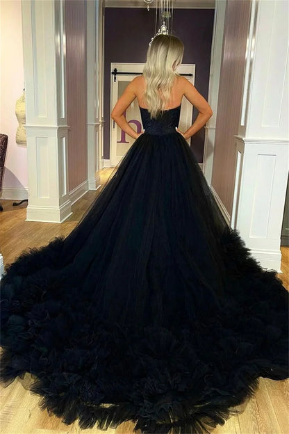 Strapless Black Backless Layered Prom Dress