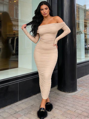 Modern Maxi Long Sleeve Ruched Fitted Off The Shoulder Bodycon Dress