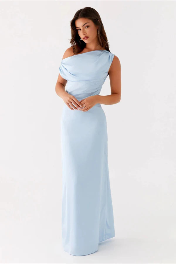 Solid Sleeveless Asymmetric Neckline Prom Dress