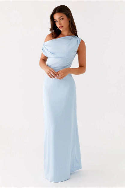 Solid Sleeveless Asymmetric Neckline Prom Dress
