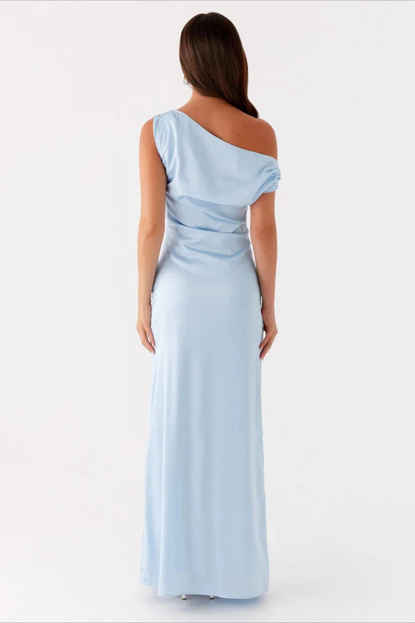 Solid Sleeveless Asymmetric Neckline Prom Dress