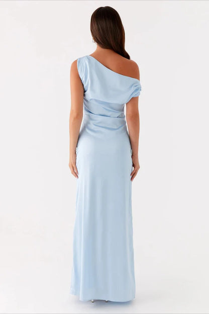 Solid Sleeveless Asymmetric Neckline Prom Dress