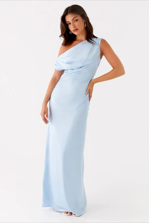 Solid Sleeveless Asymmetric Neckline Prom Dress