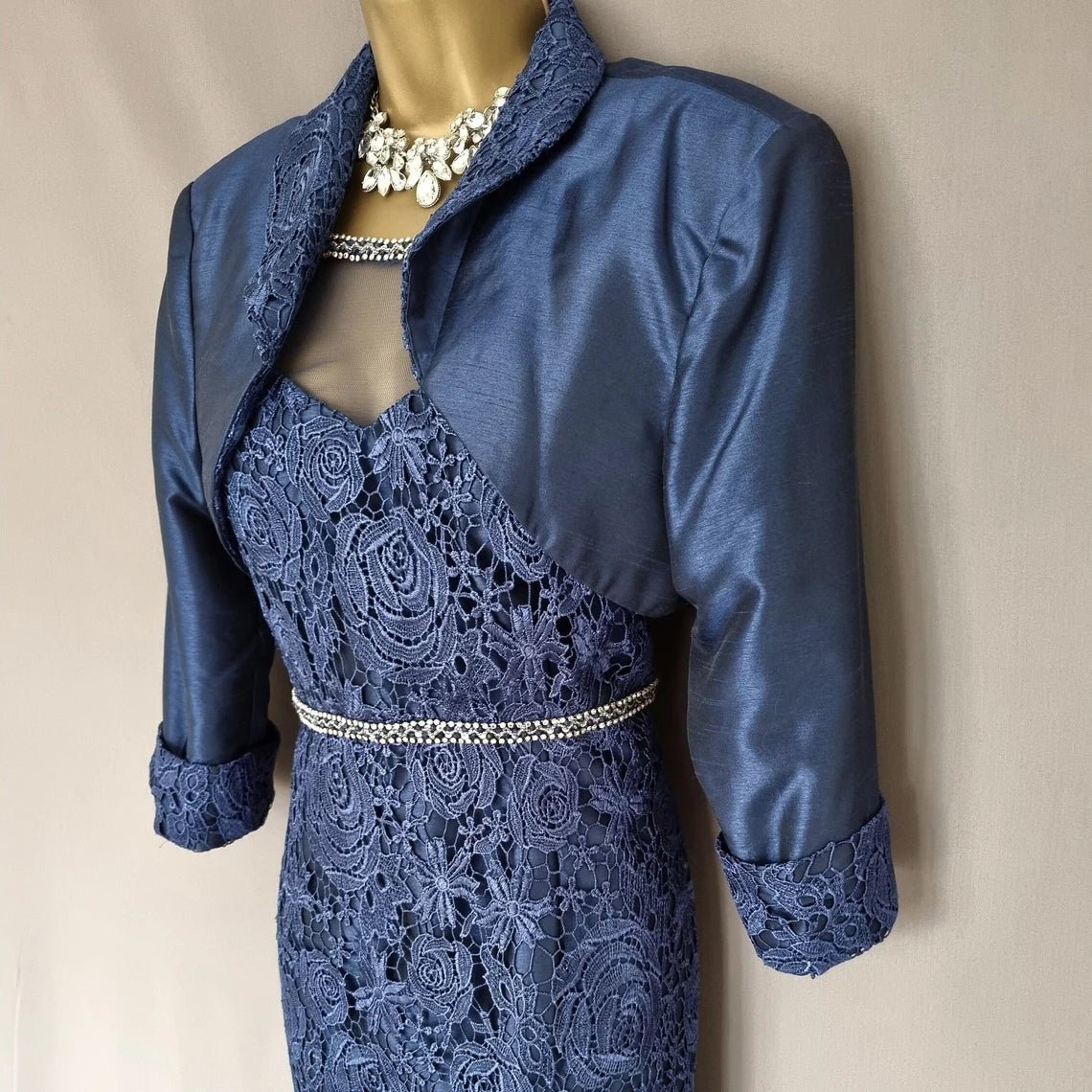 Dark-Navy Two Piece Sheath Lace Illusion Neckline Mother of the Bride Dresse