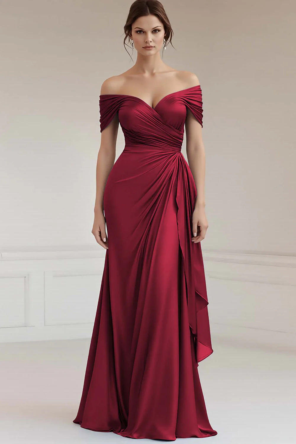Grey Blue Satin Off the Shoulder Sheath Long Formal Dress