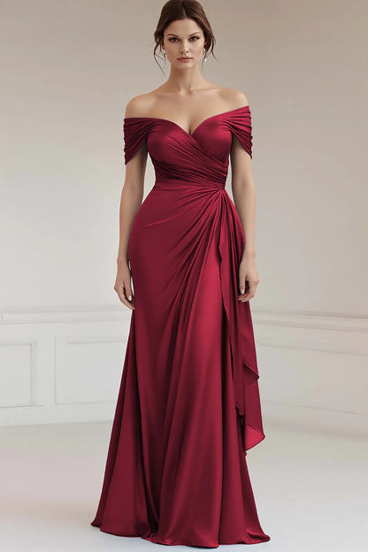 Grey Blue Satin Off the Shoulder Sheath Long Formal Dress
