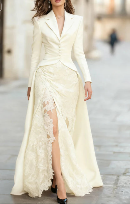 Elegant Tailored Blazer Panel Lace Gown
