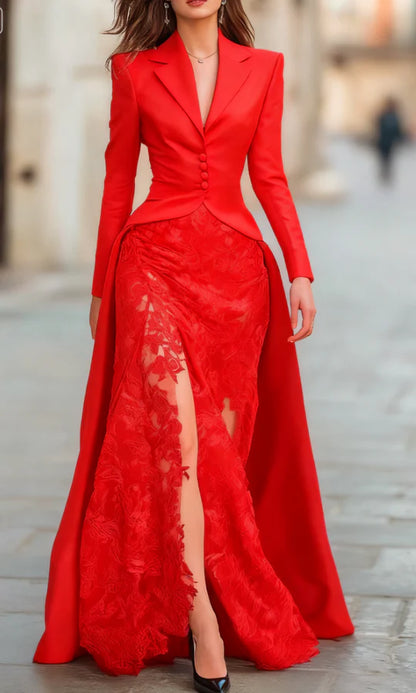 Elegant Tailored Blazer Panel Lace Gown