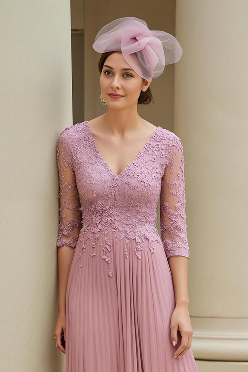 Dusty Rose A-Line V-Neck 3/4 Sleeves Mother of the Bride Dress with Appliques