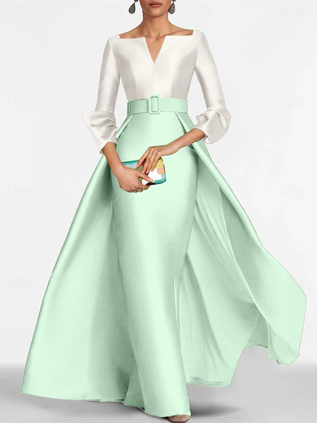 Sheath / Column Floor Length Evening Gown Ball Gown with Overskirt Formal Dress Elegant Color Block Silky 3/4 Length Sleeve V Neck Christmas Formal Belt / Sash Satin with Slit