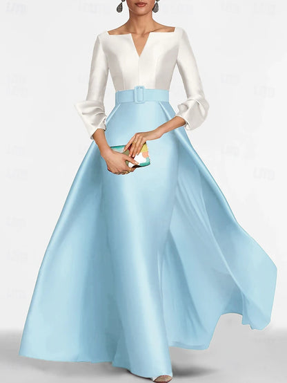 Sheath / Column Floor Length Evening Gown Ball Gown with Overskirt Formal Dress Elegant Color Block Silky 3/4 Length Sleeve V Neck Christmas Formal Belt / Sash Satin with Slit