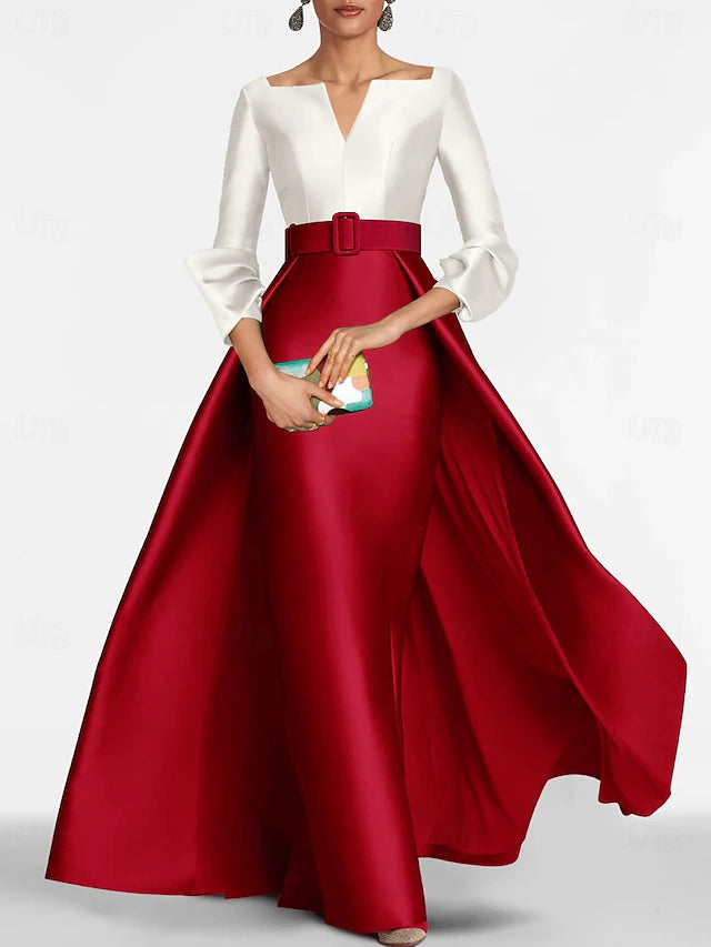 Sheath / Column Floor Length Evening Gown Ball Gown with Overskirt Formal Dress Elegant Color Block Silky 3/4 Length Sleeve V Neck Christmas Formal Belt / Sash Satin with Slit