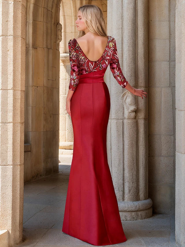 Sheath / Column Floor Length Prom Dresses Evening Gown Ball Gown Formal Dress Elegant Glittering Silky 3/4 Length Sleeve Jewel Neck Carnival Valentine's Day Satin with Ruffles Slit