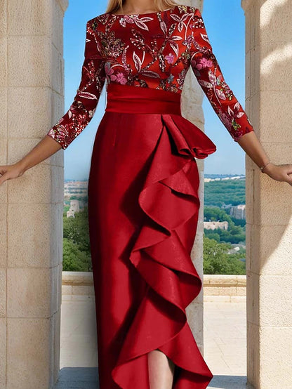 Sheath / Column Floor Length Prom Dresses Evening Gown Ball Gown Formal Dress Elegant Glittering Silky 3/4 Length Sleeve Jewel Neck Carnival Valentine's Day Satin with Ruffles Slit