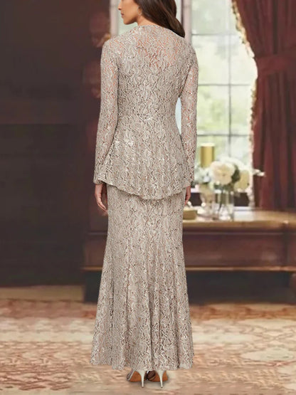 A-Line/Princess 2 Pieces Scoop Lace Mother of the Bride Dresses with Jacket Long Sleeves Ankle-Length