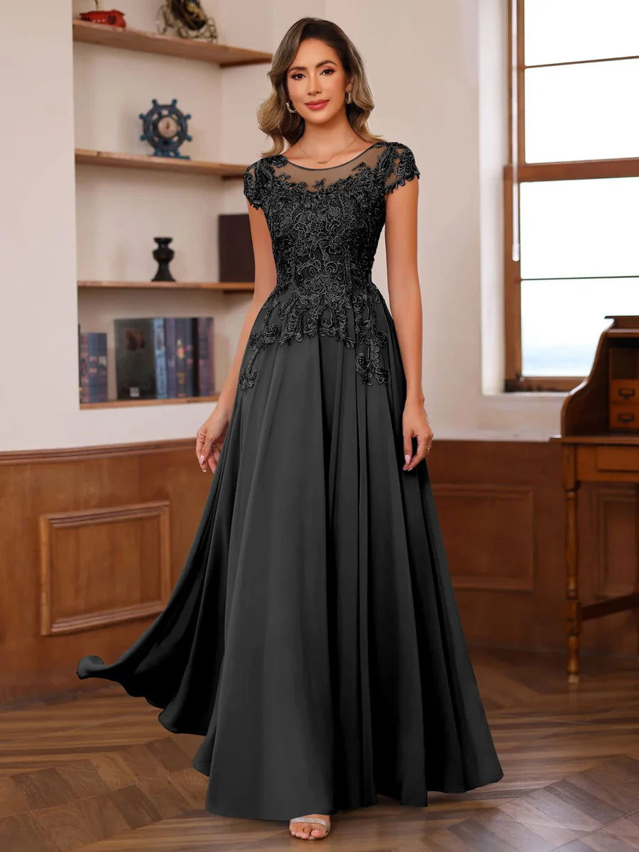 A-Line/Princess Scoop Neck Short Sleeves Floor-Length Mother of the Bride Dresses with Appliques
