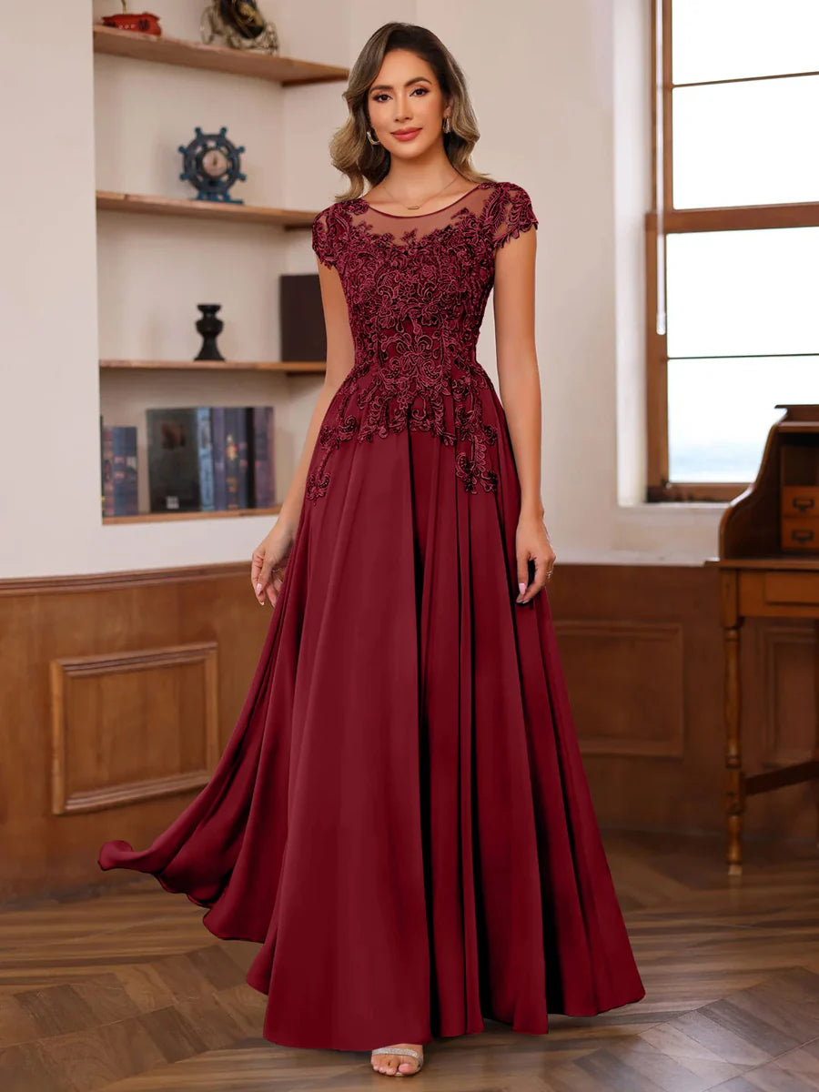 A-Line/Princess Scoop Neck Short Sleeves Floor-Length Mother of the Bride Dresses with Appliques