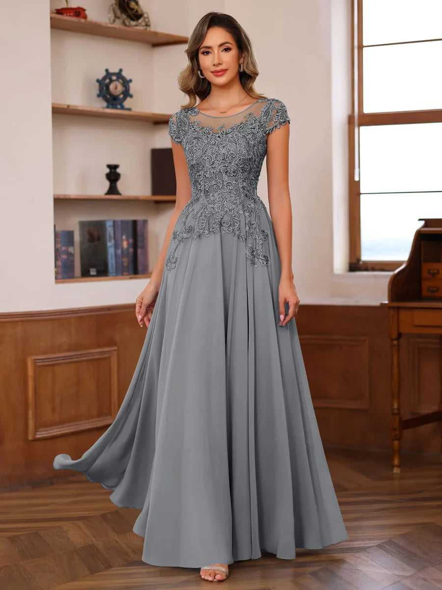 A-Line/Princess Scoop Neck Short Sleeves Floor-Length Mother of the Bride Dresses with Appliques