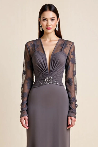 Long Sleeve Steel Grey Beaded Mother Of The Bride Dress