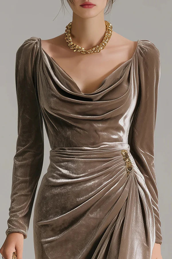 Solid Color Velvet Long-sleeved Slim-fit Pleated Midi Dress
