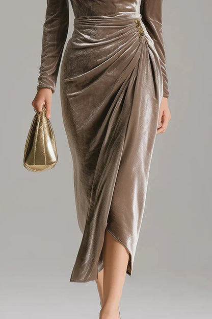 Solid Color Velvet Long-sleeved Slim-fit Pleated Midi Dress