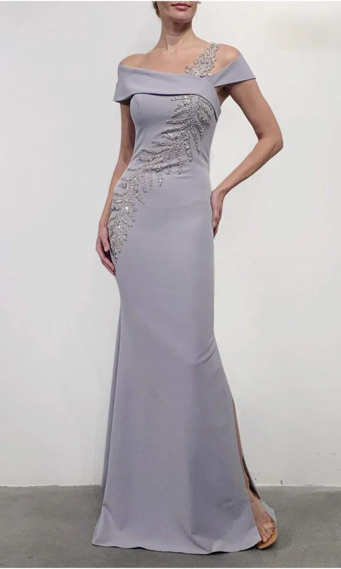 Beaded Asymmetric Split  Trumpet Dress