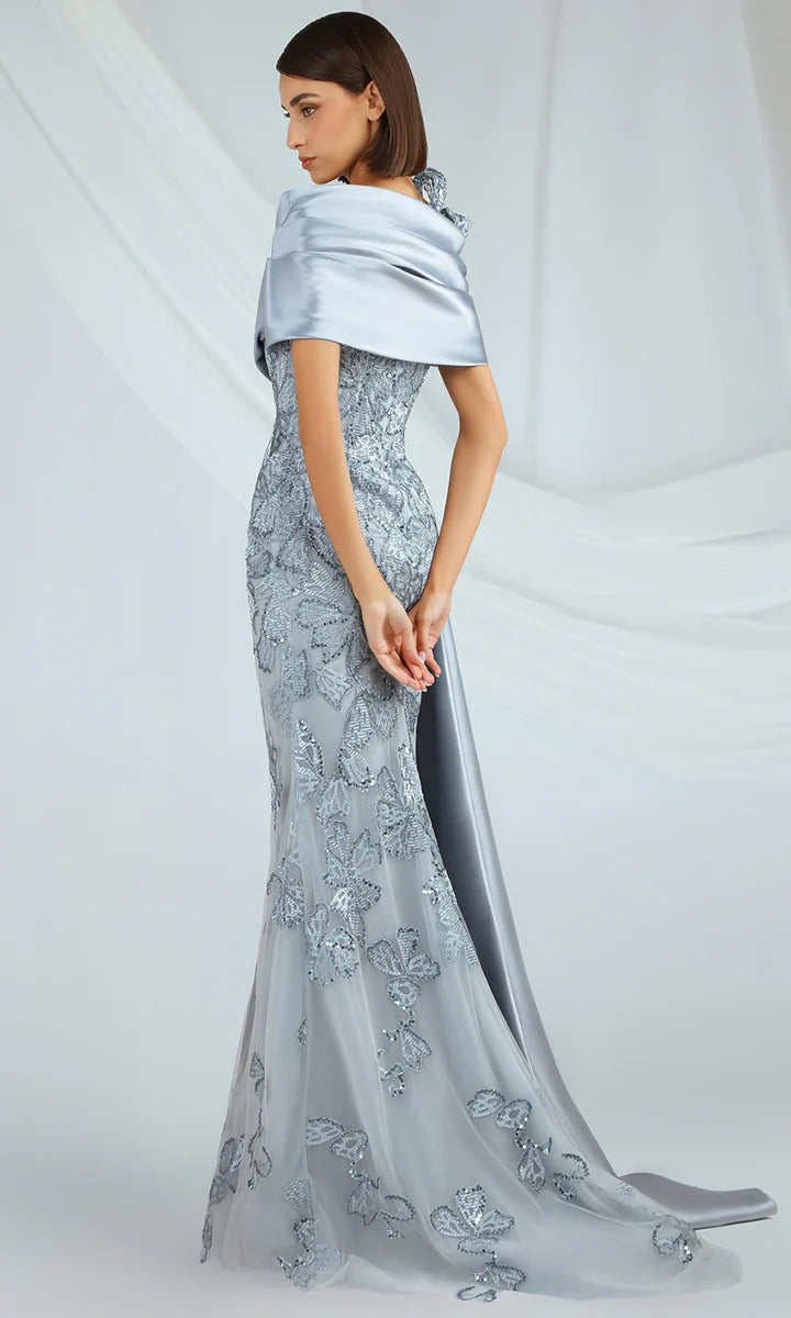 Chic Satin Wrap Asymmetric Neckline Gown