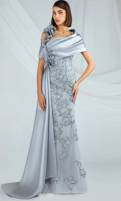 Chic Satin Wrap Asymmetric Neckline Gown