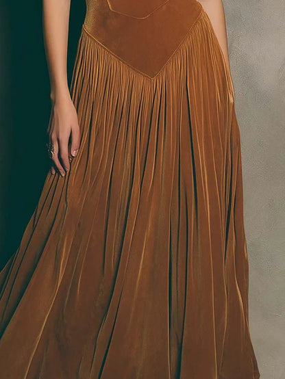 Vintage Chic A Line Spaghetti Straps Pleated Velvet Without Sleeves Long Prom Dress, Evening Dress