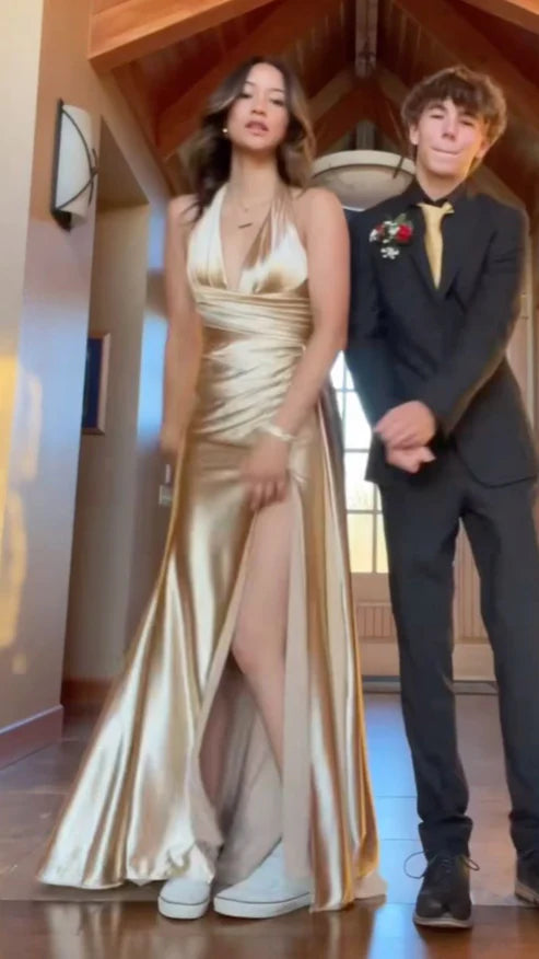 Charming Mermaid Halter Satin Slit Without Sleeves Long Prom Dress