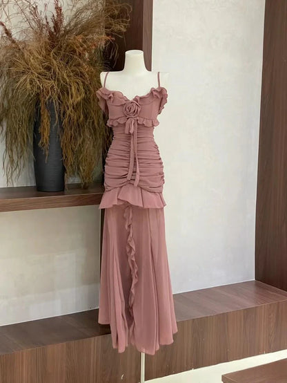 Unique Mermaid Spaghetti Straps Chiffon Ruffle Long Prom Dress, Evening Dress