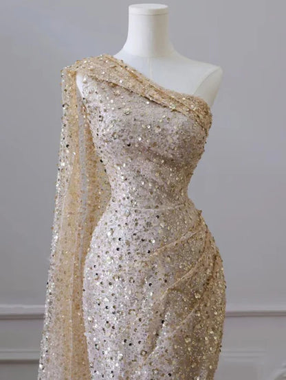 Gold Shiny One Shoulder Mermaid Sequin Slit Long Prom Dress, Evening Dress