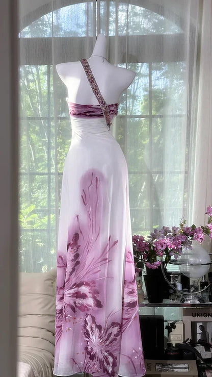 Chic A Line One Shoulder Chiffon Sequin Printed Butterfly Long Prom Dress, Evening Dress