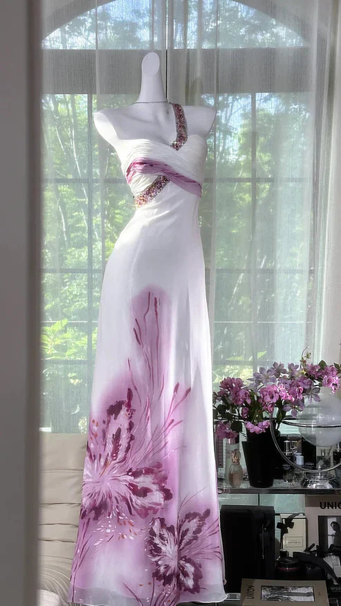 Chic A Line One Shoulder Chiffon Sequin Printed Butterfly Long Prom Dress, Evening Dress