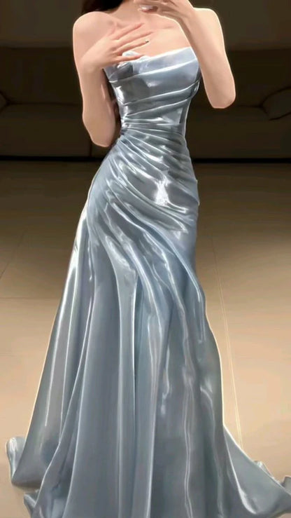 Classy Style A Line Strapless Pleated Satin Long Prom Dress,Evening Dress