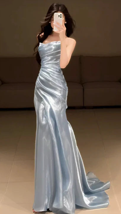Classy Style A Line Strapless Pleated Satin Long Prom Dress,Evening Dress