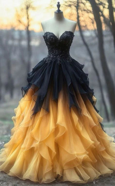 Chic Black and Yellow Gradient Ball Gown Sweetheart Chiffon Long Prom Dress,Formal Dress