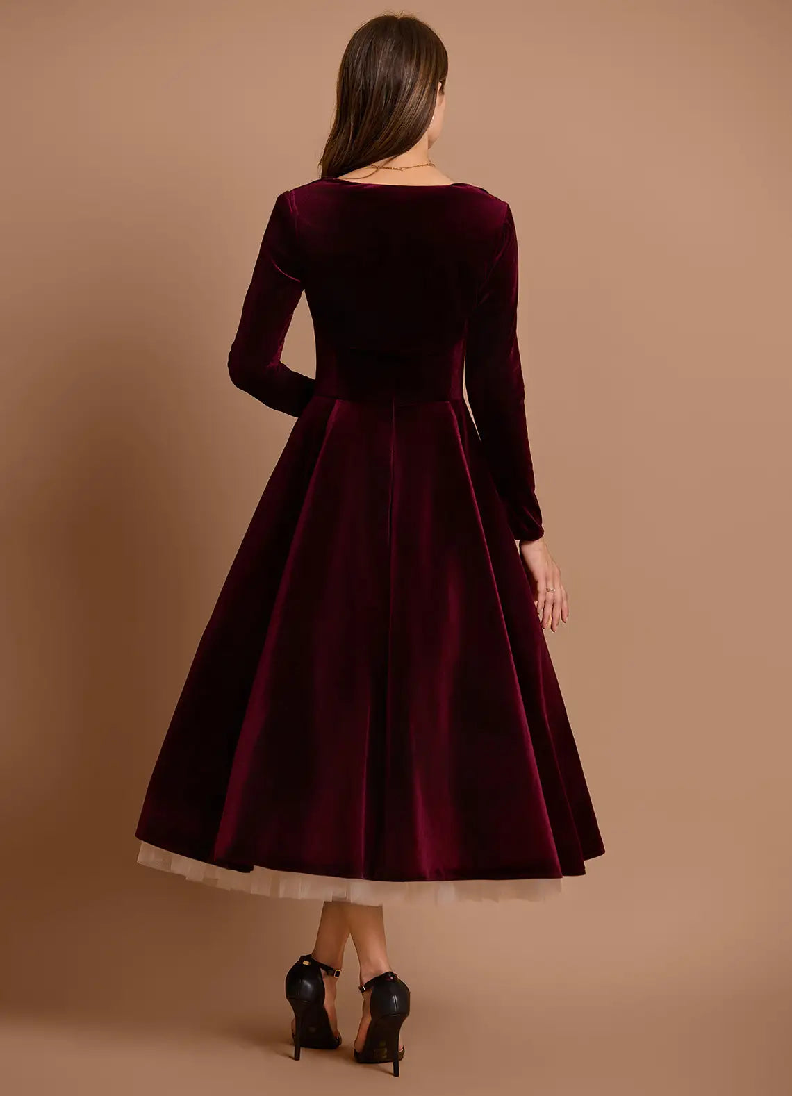 Elegant Wine Two Piece Long Sleeve Tea-Length Dress