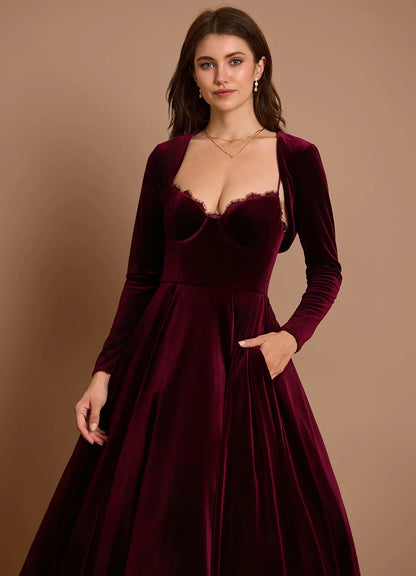 Elegant Wine Two Piece Long Sleeve Tea-Length Dress