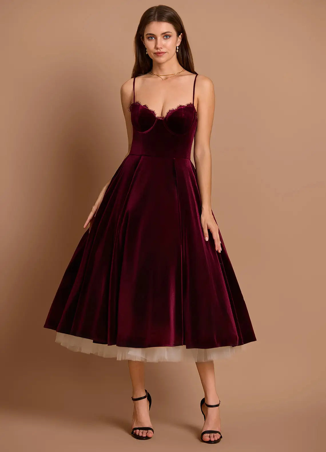 Elegant Wine Two Piece Long Sleeve Tea-Length Dress