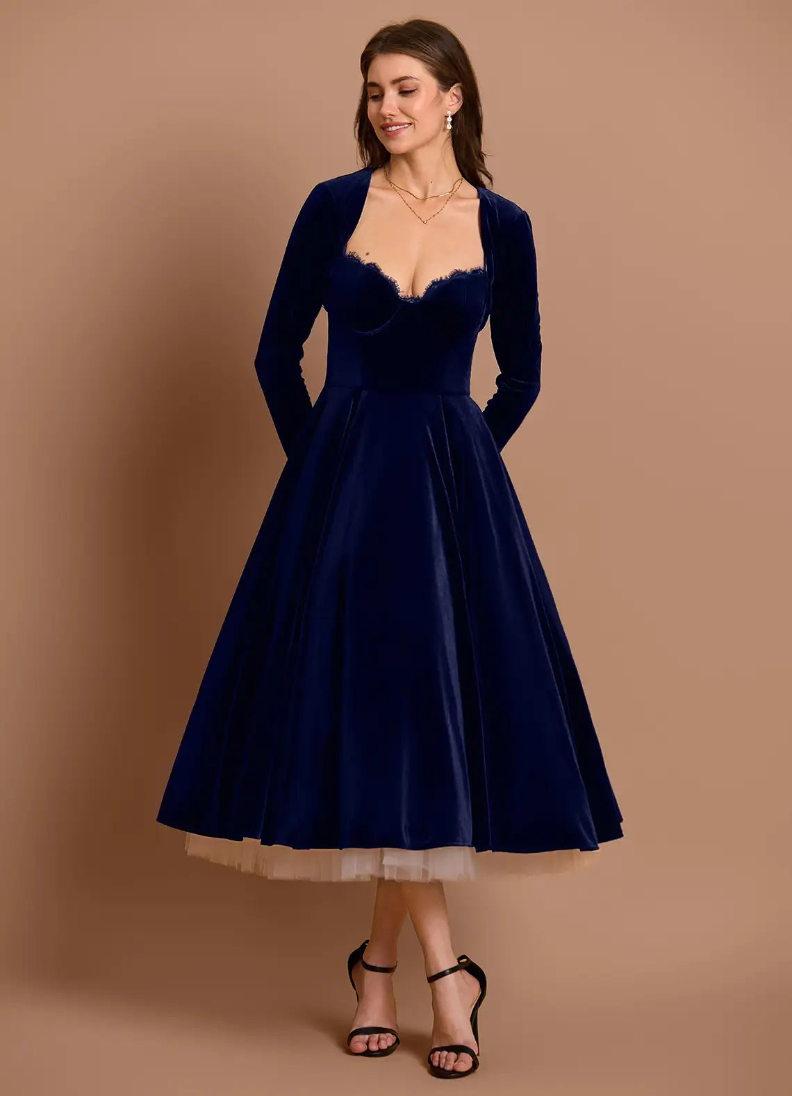 Elegant Wine Two Piece Long Sleeve Tea-Length Dress